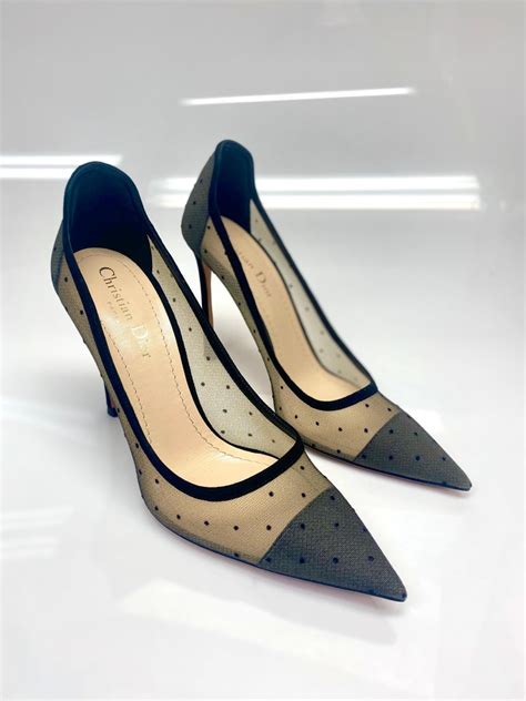 christian dior polka dot mesh and suede heels
